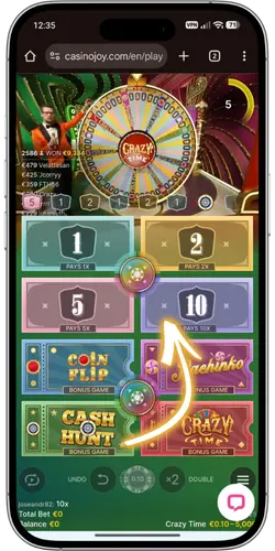 Inzetten plaatsen op wiel met multipliers Crazy Time